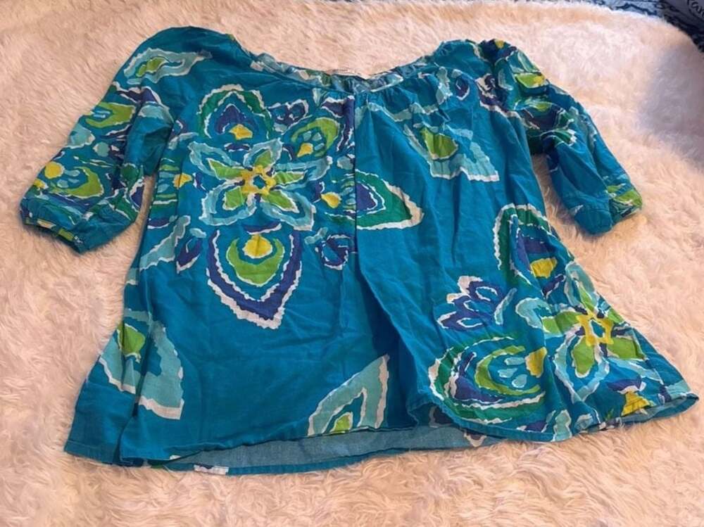 Old Navy Blue and Green Floral Print 3/4 Sleeve Peasant Top Tunic XL